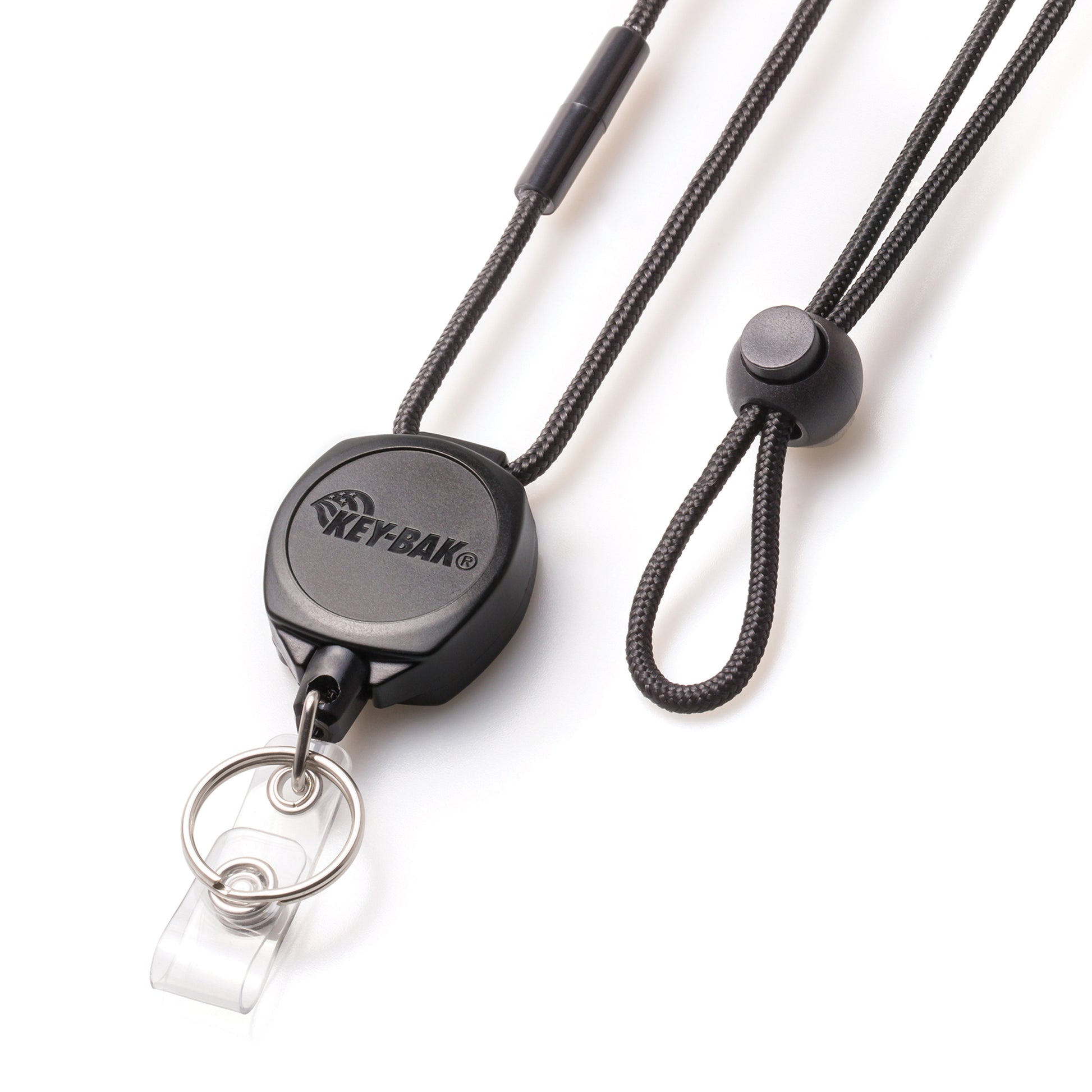 A Key-Bak Heavy Duty Paracord Lanyard With Sidekick Retractable ID Badge & Key Reel (0KB1-0A44) is connected to a black breakaway lanyard.