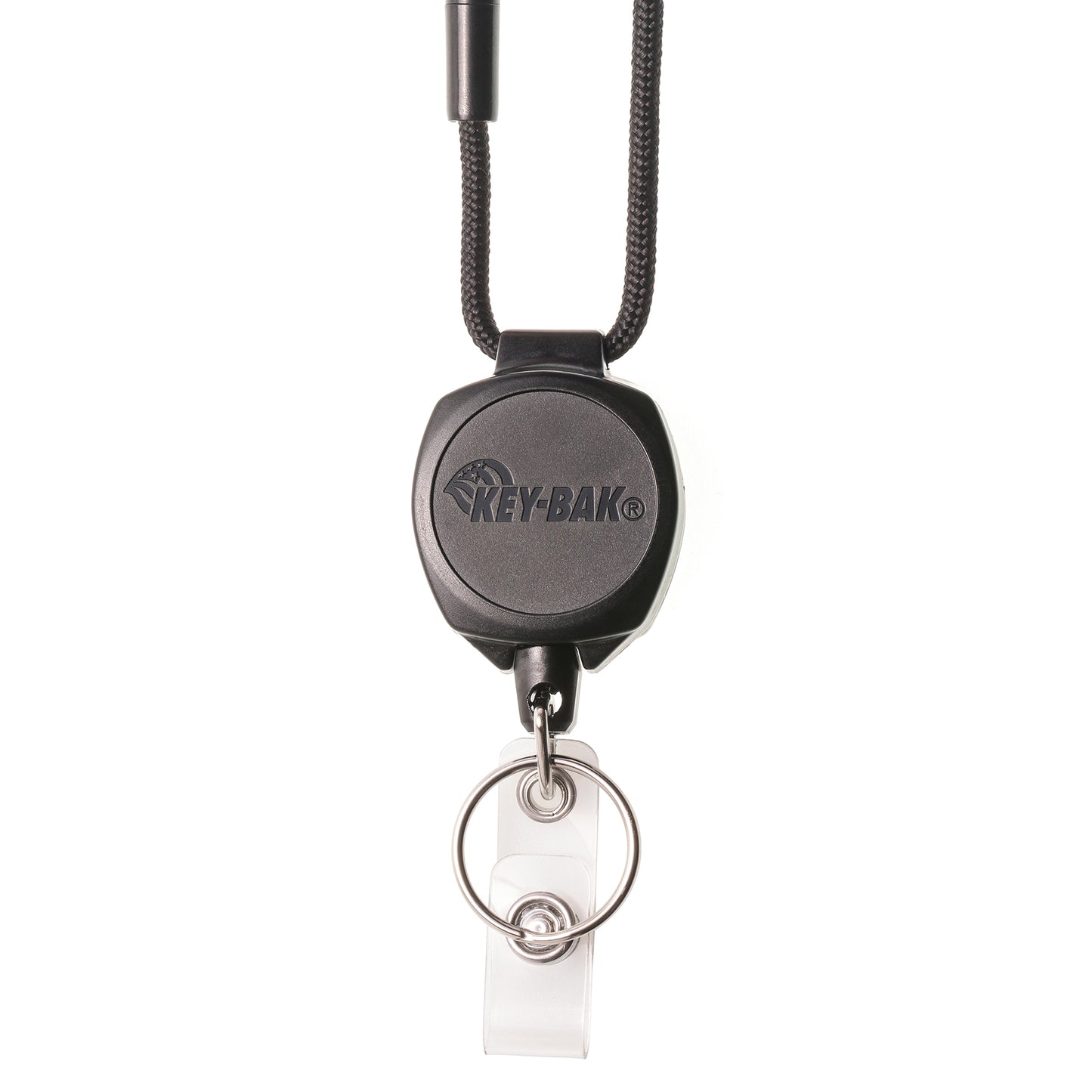 A retractable key reel with the "Key-Bak Heavy Duty Paracord Lanyard With Sidekick Retractable ID Badge & Key Reel (0KB1-0A44)" logo, attached to a black breakaway lanyard, featuring a metal keyring at the bottom.