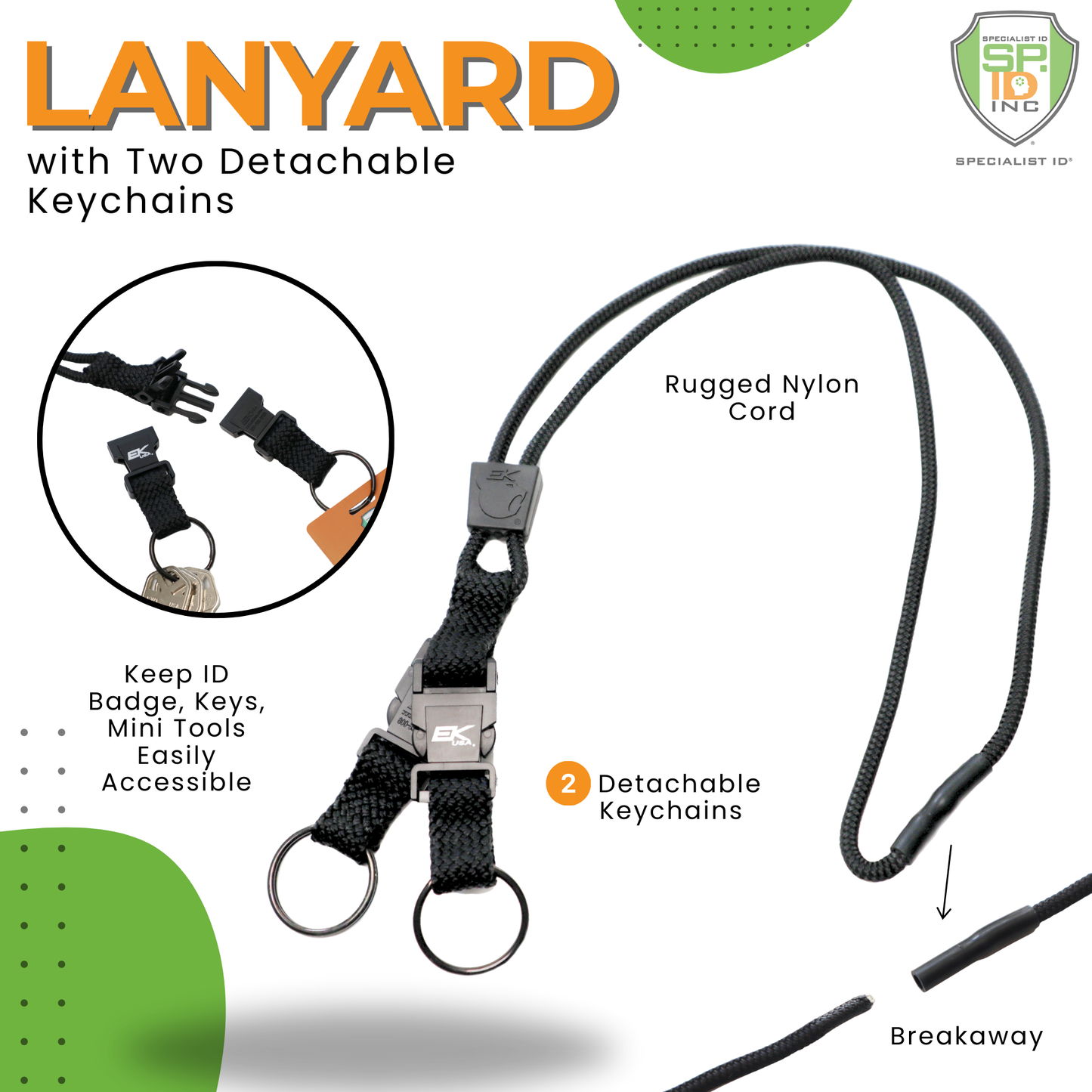 The EK Black Lanyard With Two Detachable Key Rings (10046) by EK USA includes a durable nylon cord, dual removable keychain holders, a breakaway safety feature, and strong rings for securely carrying items such as keys or ID badges.