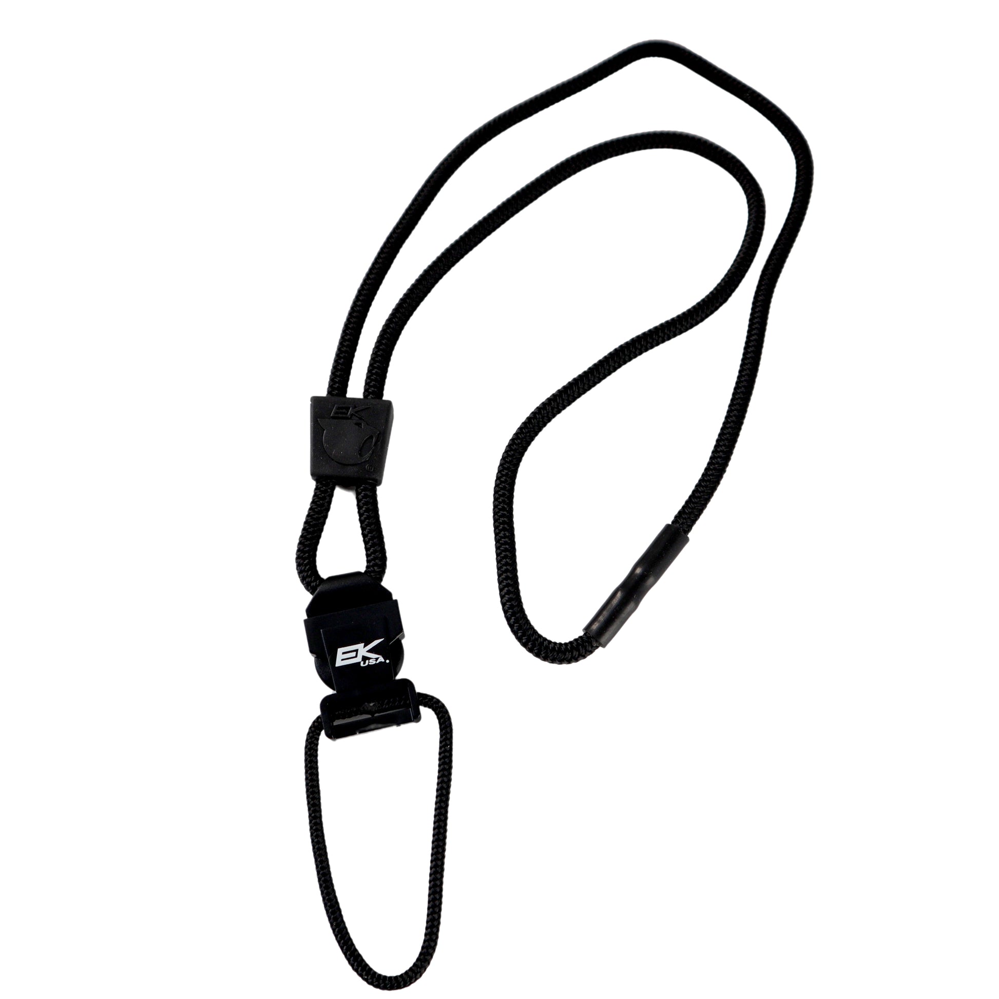 The EK Lanyard Plus with Detachable Soft End (10252) by EK USA is a black, non-metallic lanyard featuring a detachable buckle and a loop at one end, perfect for professional field identification.