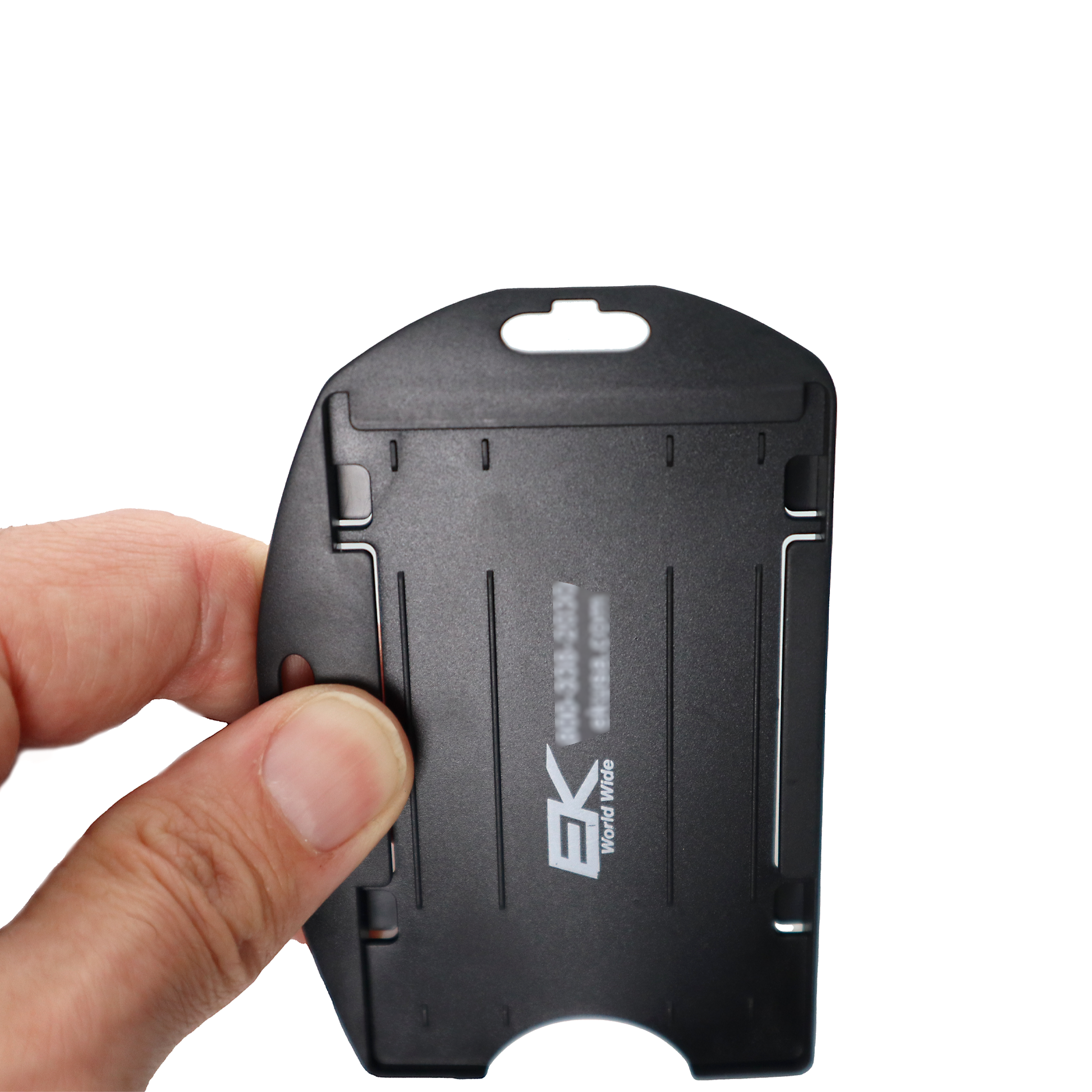 A hand holds a sleek Black EK Dual Sided Smart Card Holder with Slot Holes (10574) by EK USA, prominently showcasing the EK USA branding.