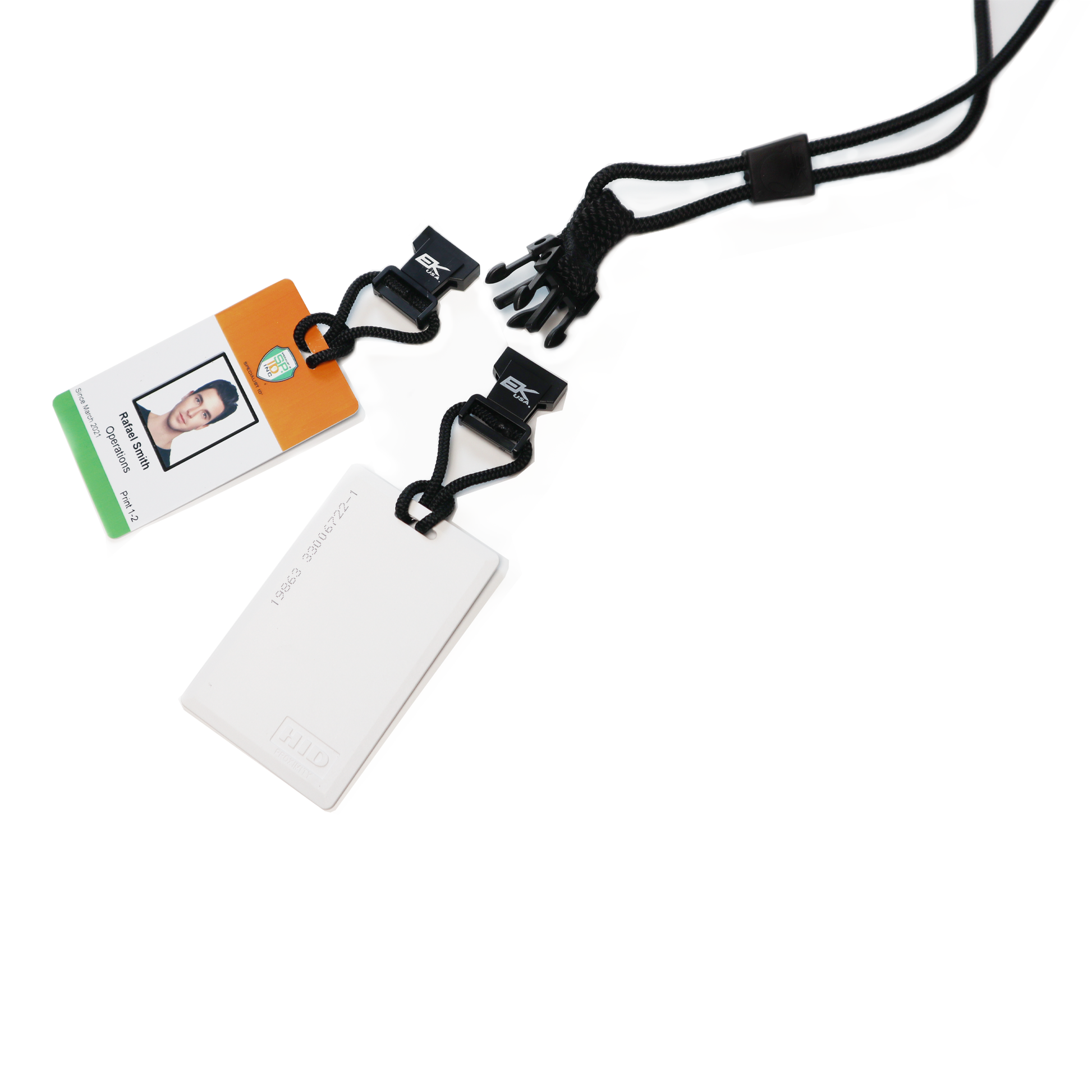 The Black EK Lanyard Plus II by EK USA, model 10760, features two ID cards—one with a colored border and one plain white—that dangle perfectly for the outdoor lifestyle. Its convenient detachable soft end loops make switching between IDs effortless, catering to those constantly on the go.