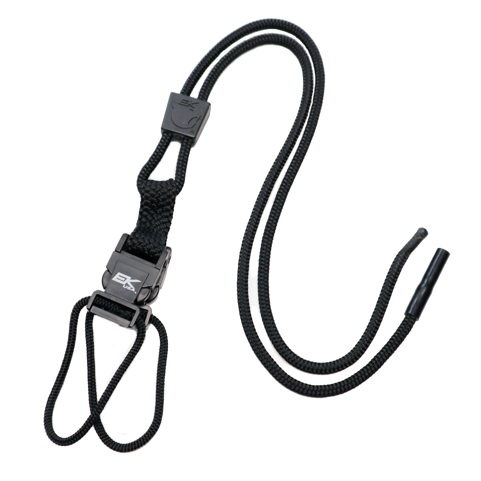 The Black EK Lanyard Plus II with Two Detachable Soft End Loops (10760) by EK USA is perfect for the outdoor lifestyle, offering an adjustable fit, detachable loops, a plastic lock, and a secure attachment method.