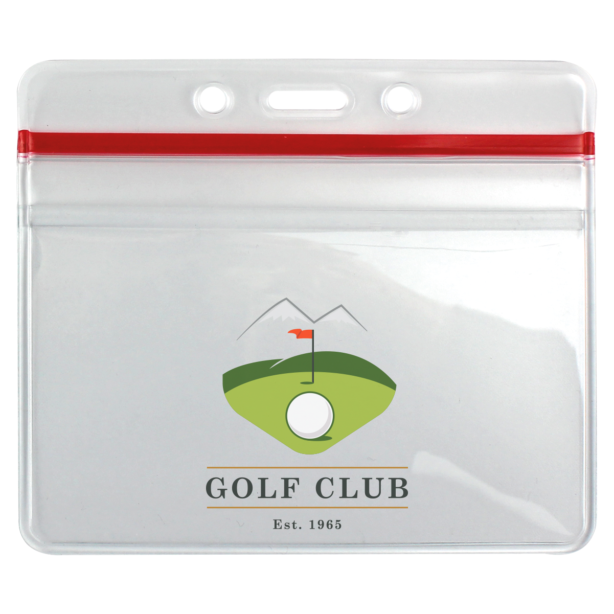 A Custom Heavy Duty Clear Vinyl Horizontal Badge Holder With Resealable Top (1815-1010), featuring a Golf Club logo, a green with a flag, and the text "Golf Club Est. 1965" at the bottom.