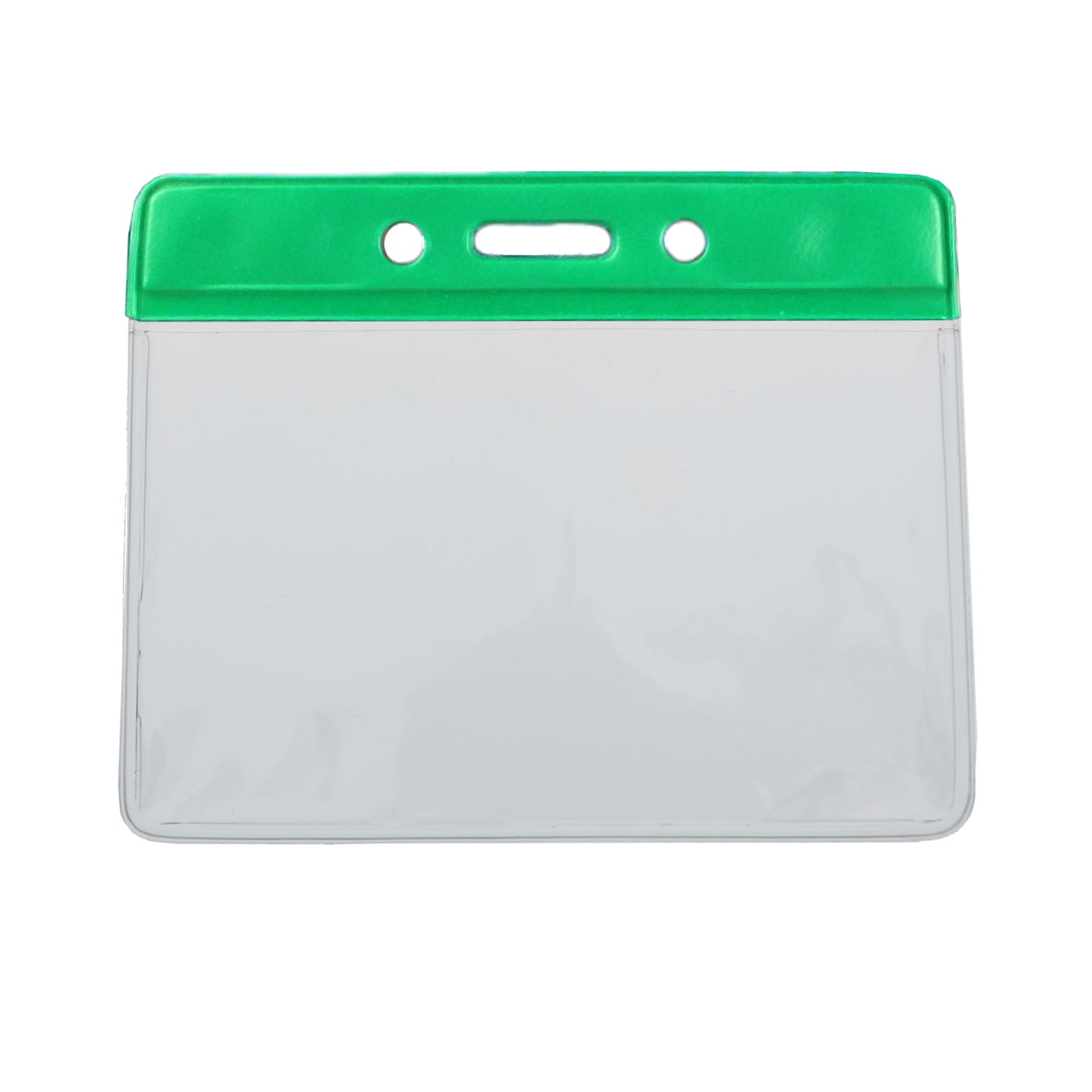 Introducing the Horizontal Vinyl Badge Holder with Color Bar Top - Great for Color Coding Access and ID (1820-100X). This clear ID holder features a green top section and three punched holes for easy attachment.