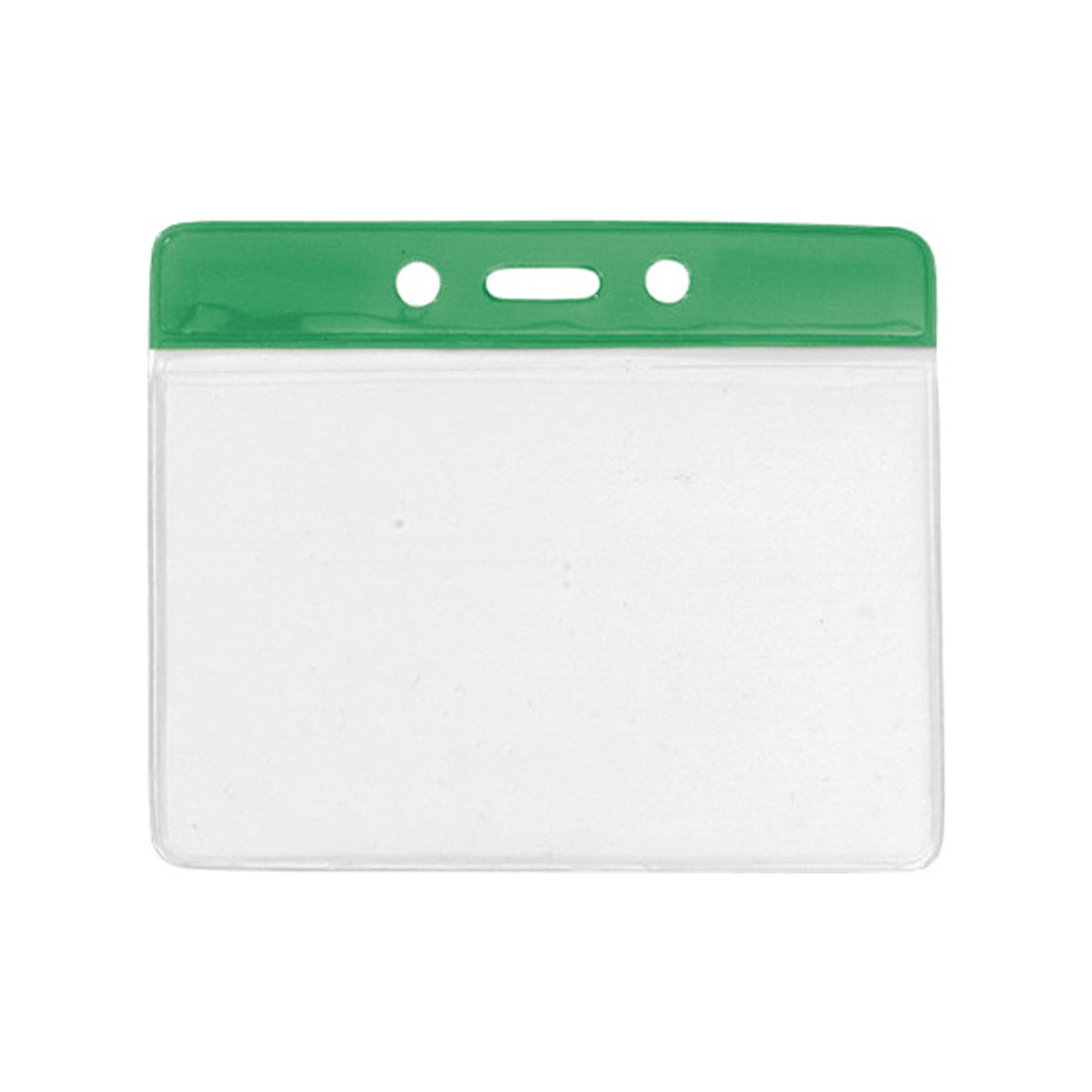 An Oversize Horizontal Vinyl Color-Bar Badge Holder, CR100 size (3.85" x 2.68"), features a green top with three attachment holes (P/N 1820-110X).