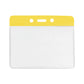 The Oversize Horizontal Vinyl Color-Bar Badge Holder CR100 3.85" x 2.68" (P/N 1820-110X) has a yellow top and two holes for lanyard attachment, ensuring easy identification.