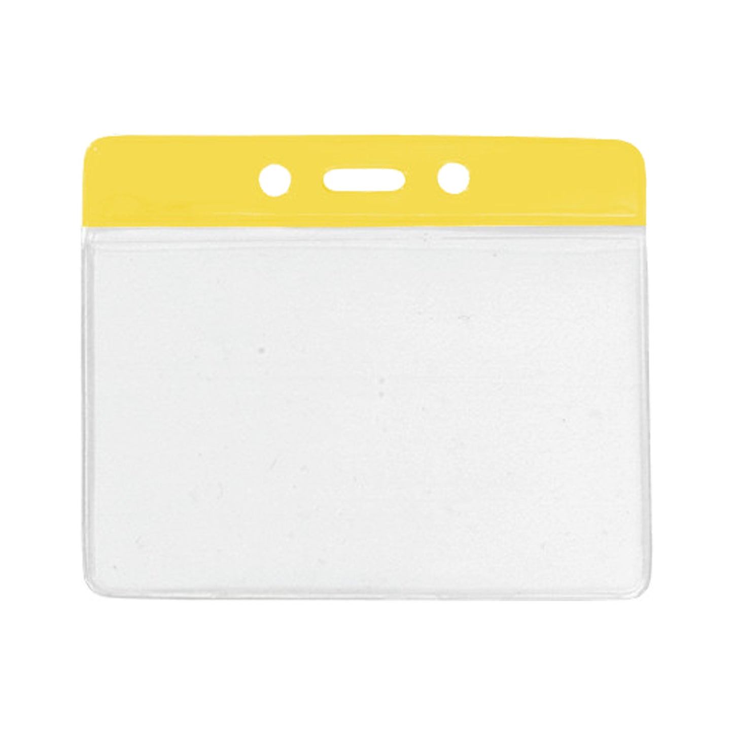 The Oversize Horizontal Vinyl Color-Bar Badge Holder CR100 3.85" x 2.68" (P/N 1820-110X) has a yellow top and two holes for lanyard attachment, ensuring easy identification.