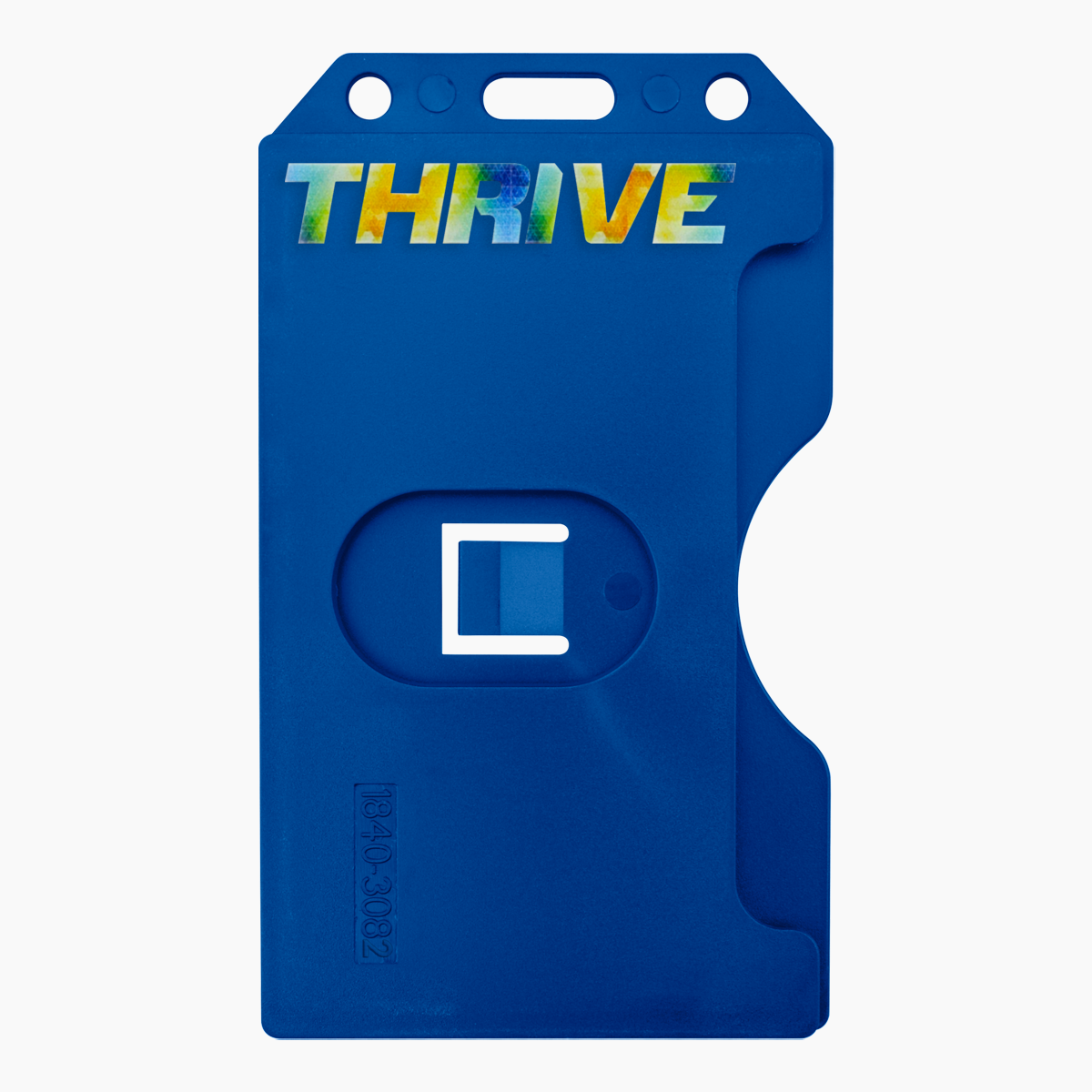 Blue Custom 2-Sided Rigid Vertical Multi-Card Holder (1840-308X) - Add Your Logo with a colorful "THRIVE" inscription at the top, featuring a cutout thumb slot for easy card retrieval and a professional look that enhances brand recognition.