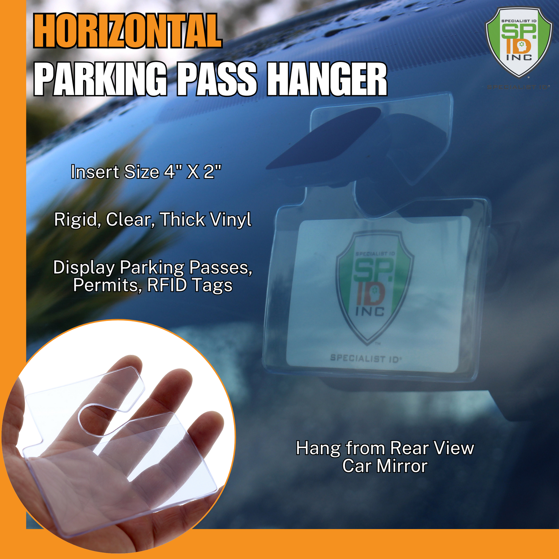 The Clear Rigid Vinyl Horizontal Parking Pass Vehicle Hang Tag Holder (1840-3650) elegantly hangs from the rearview mirror, featuring a clear vinyl design for 4" x 2" passes.