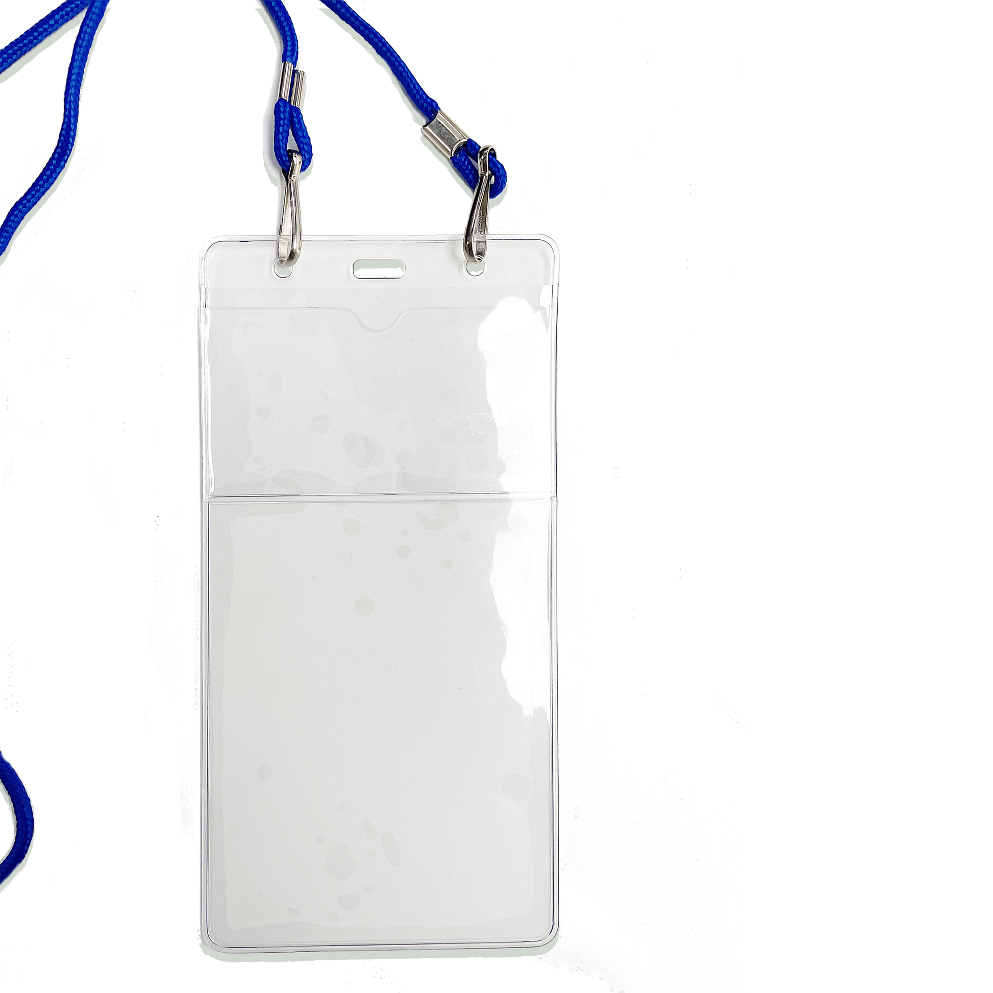 A Clear 4" X 7 1/2" Vinyl Vertical Large Badge Holder With Two Pockets (P/N 1840-5052) with a blue lanyard attached. The large badge holder is empty and has two metal clips securing the lanyard. The background is plain white.