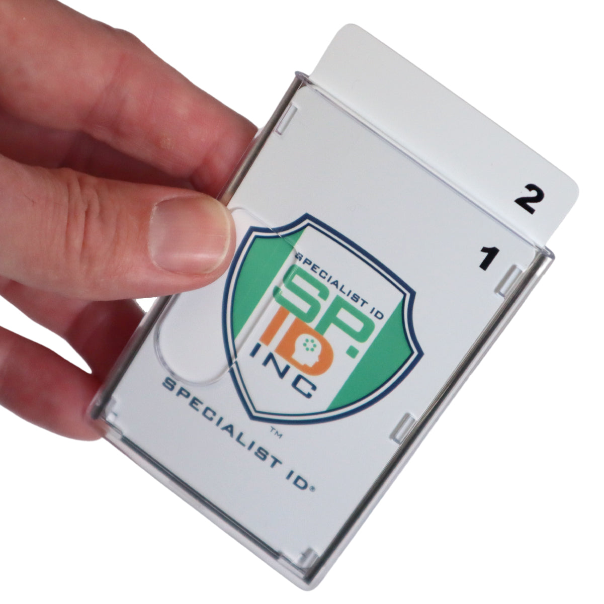 A hand holding a clear Rigid Shielded RFID Blocking 2-Card Holder (FIPS 201 Approved) 1840-5081 displays cards with the text "Specialist ID, Inc." and numbers "1" and "2," providing convenient access while helping with identity theft prevention.