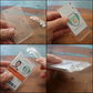 Four images feature the Clear Vertical Permanent Locking Plastic Card Holder (P/N 1840-6045), a transparent badge holder illustrating different steps of inserting and removing an ID card. This locking card holder guarantees your credentials are securely protected while remaining easily accessible.