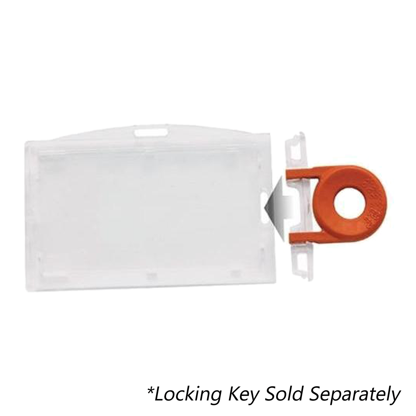 The Clear Horizontal Locking Plastic Card Holder (P/N 1840-6610) resembles a transparent lockout tagout cover with an adjacent red locking device and text stating "*Locking Key Sold Separately.