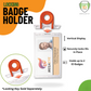 The Clear Vertical Locking Plastic Card Holder (P/N 1840-6630) features a rigid design for vertical display with a secure orange locking mechanism. It holds two badges, shown with and without an ID card, blending style and function effectively.