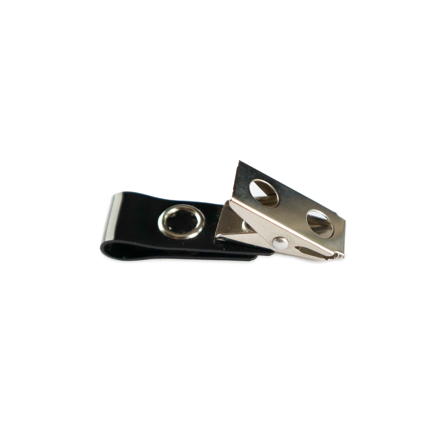 The Colored Vinyl Strap Clips (2105-200X) are versatile metal clips with black plastic that feature two circular holes, making them perfect for securely holding objects together. Ideal as an ID badge holder, they offer convenience and reliability in organization.