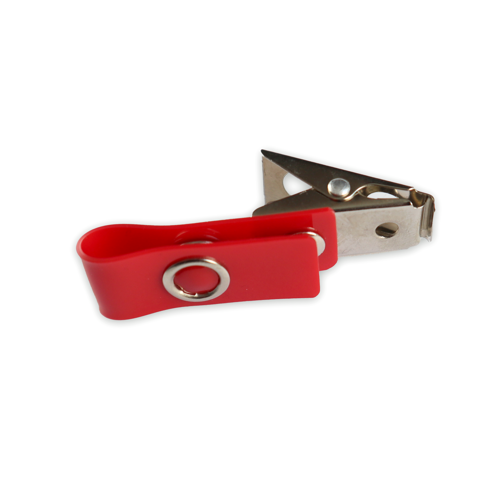 A Colored Vinyl Strap Clip (2105-200X) in red and silver metal, featuring a red plastic cover and a circular hole, is perfect for use as an ID badge holder.