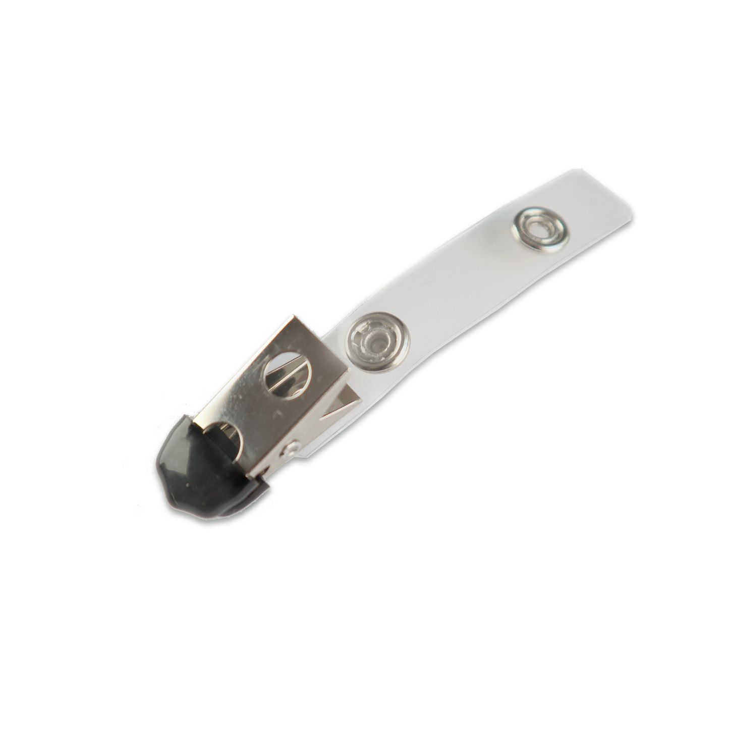 A sleek silver metal can opener equipped with a Clothing Protector ID Strap Clip with Rubber Tip, 2105-3170, featuring a stylish black handle. This item is designed for efficiency and the strap clip adds convenience against a crisp white background.