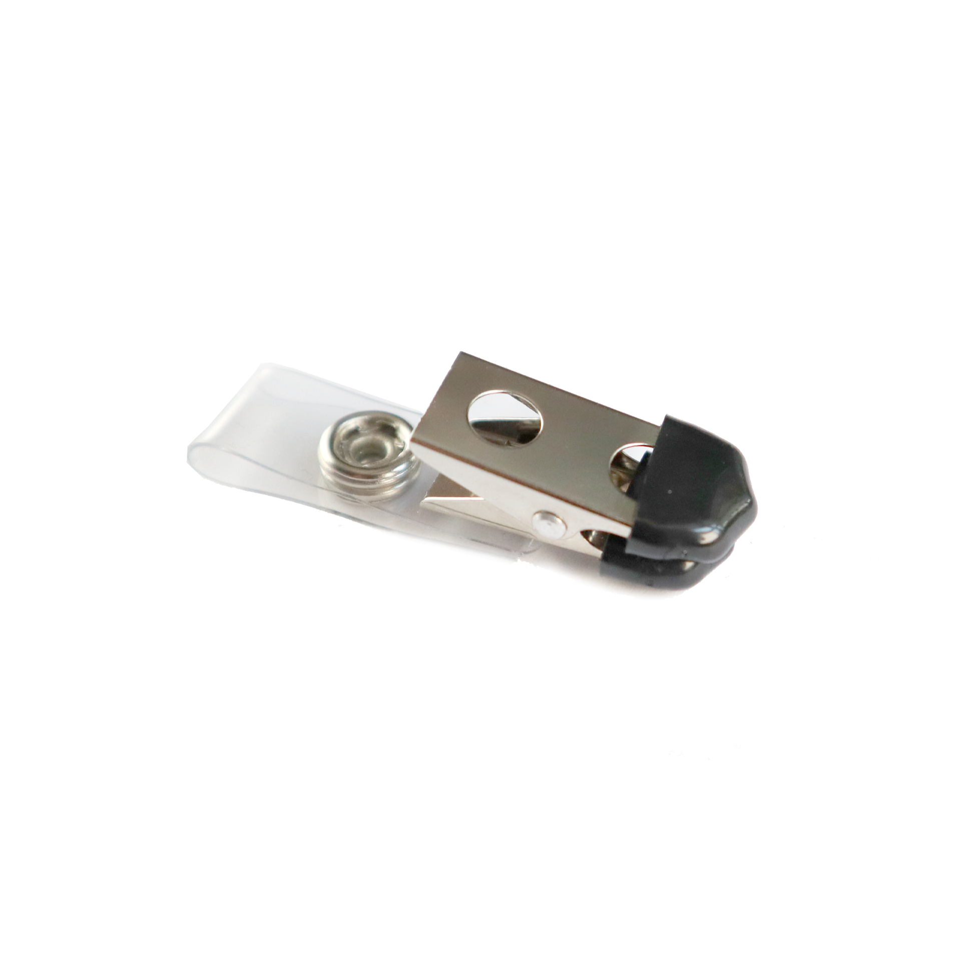 The Clothing Protector ID Strap Clip with Rubber Tip, 2105-3170, features a black cover and is attached to a clear vinyl strap with a secure snap button.