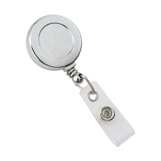 A stylish chrome badge reel with a belt clip, described as the Silver Chrome Plastic Badge Reel (P/N 2120-3030).