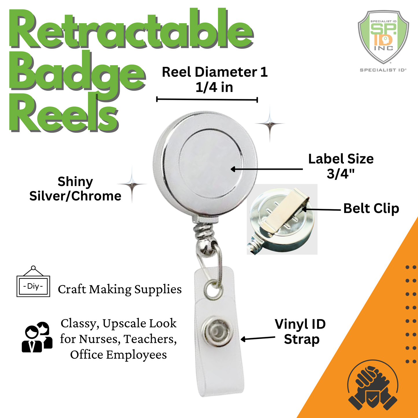 Image of the Silver Chrome Plastic Badge Reel With Belt Clip (P/N 2120-3030), showcasing a sleek chrome plastic finish with a 1 1/4 inch diameter and a 3/4 inch label. It features a sturdy belt clip and vinyl strap for secure ID attachment.