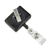 A black Custom Rectangle Badge Reel Retractable with Rotating Swivel Clip (P/N 2120-390X-Custom) features a retractable nylon cord, a metal clip, and a clear plastic strap with a snap button.