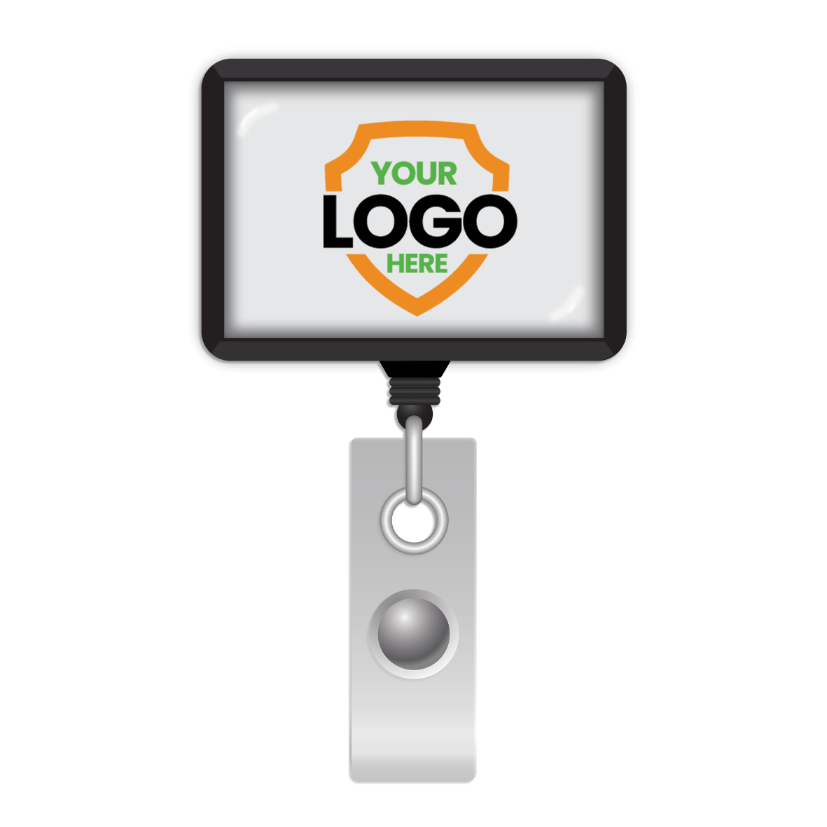 Image of a Custom Rectangle Badge Reel Retractable with Rotating Swivel Clip (P/N 2120-390X-Custom) with a retractable nylon cord and rectangular badge holder displaying "Your Logo Here" in black and orange text within a green and orange shield design.