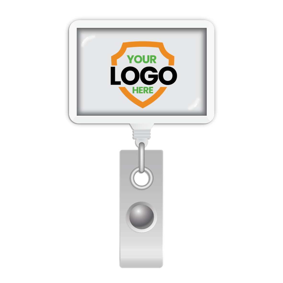 A Custom Rectangle Badge Reel Retractable with Rotating Swivel Clip (P/N 2120-390X-Custom) displays "Your Logo Here" inside an orange and green shield symbol, featuring a retractable nylon cord.