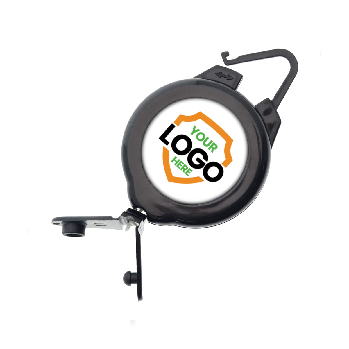 Customi Ski Pass and Sports Retractable Reel - Add Your Logo (2120-4001-Custom) with a hook attachment, featuring a circular area for a custom logo in the center. Perfect as a personalized design tool, the text on the logo area reads "Your Logo Here".