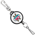 A Custom Retractable Ski Pass Holder - Heavy Duty Sport Reel (2120-4101) - Add Your Logo with a carabiner clip and a key ring. The holder features a logo with text that reads "VENOM SKI." These customizable retractable ski pass holders make perfect promotional items for ski resorts.