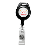 A black Custom Design Badge Reel that Attaches to Your Lanyard - Add Your Logo with a clip and a transparent plastic strap. The center of the reel displays a logo with a red eagle and the text "DYNAMIC EAGLE." Customize your badge reel to showcase your unique style while maintaining functionality.