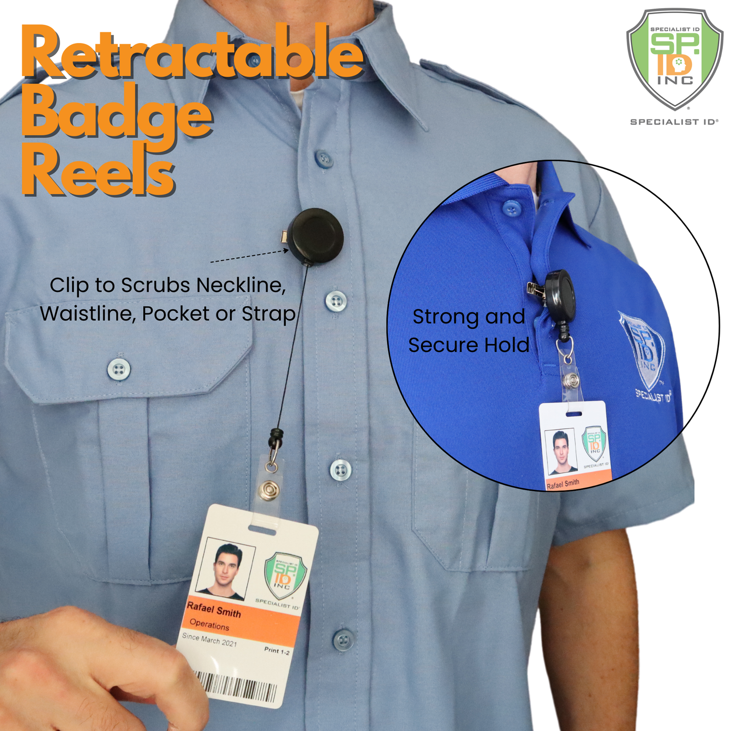 A person wears a blue shirt with the Badge Reel with Swivel Spring Clip (P/N 2120-760X) clipped to the pocket, displaying an ID card. This badge reel provides versatile attachment options with its swivel spring clip, ensuring a secure grip on different parts of clothing.