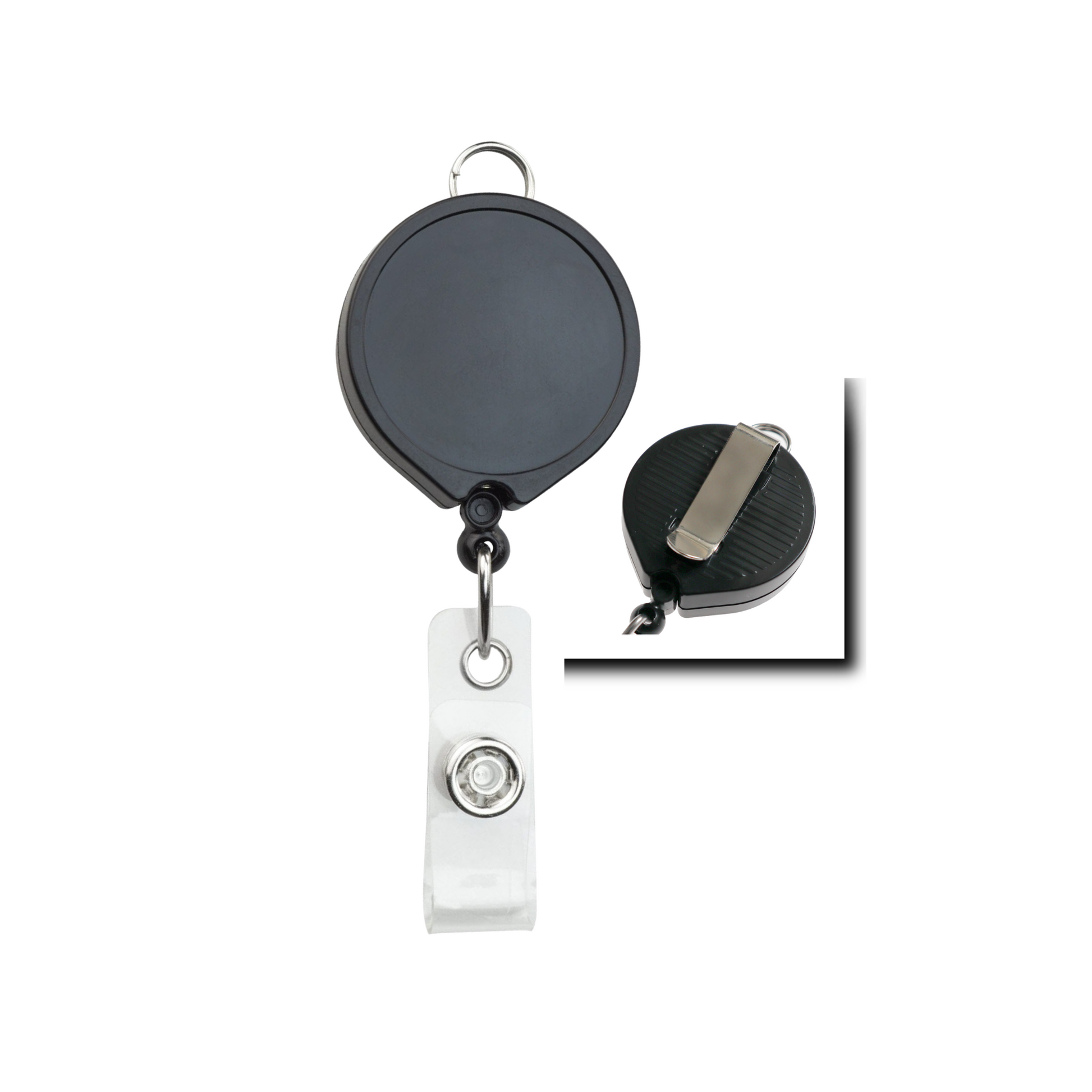 Product Name: Badge Reel with Lanyard Attachment and Belt Clip (P/N 2124-302X). Description: A sleek black badge reel featuring a retractable design, equipped with a robust belt clip and clear plastic strap for secure attachment, shown from front and back angles.