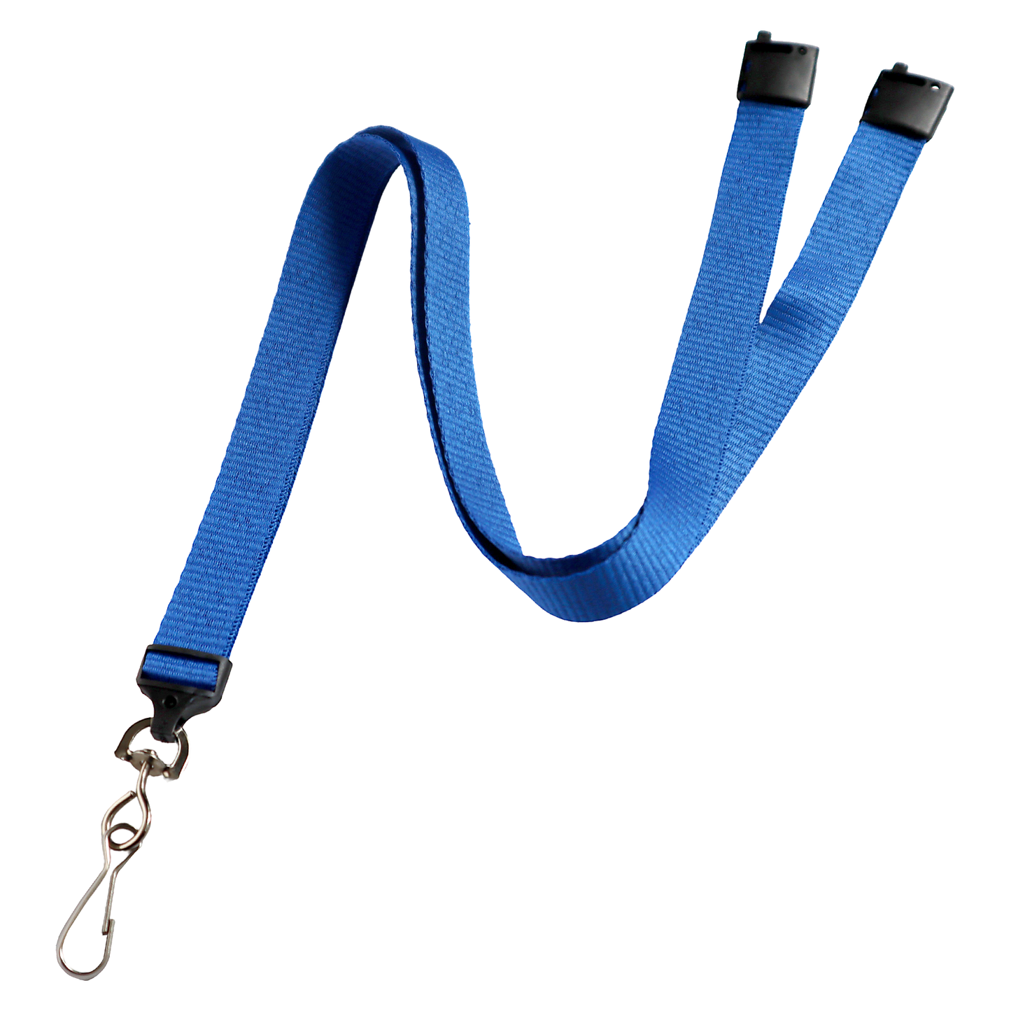 A Flat Wide Breakaway Lanyard with Swivel Hook - 5/8 Inch Width (2138-500X) in blue, featuring black clips on one end.