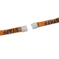 A damaged orange "Event Staff" breakaway flat lanyard with a swivel hook.