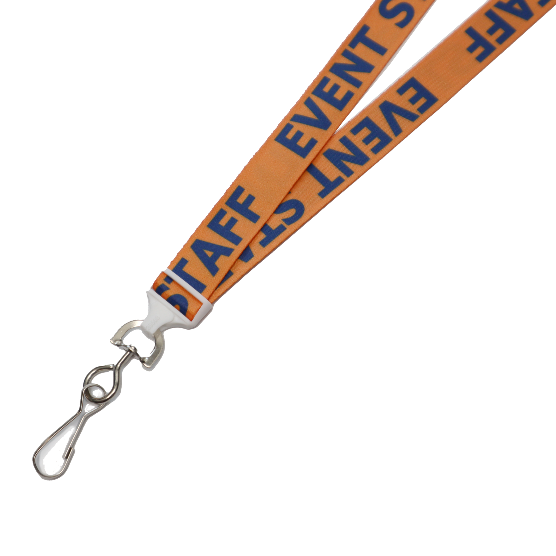 An "Event Staff" orange breakaway flat lanyard with a durable swivel hook (2138-5200).