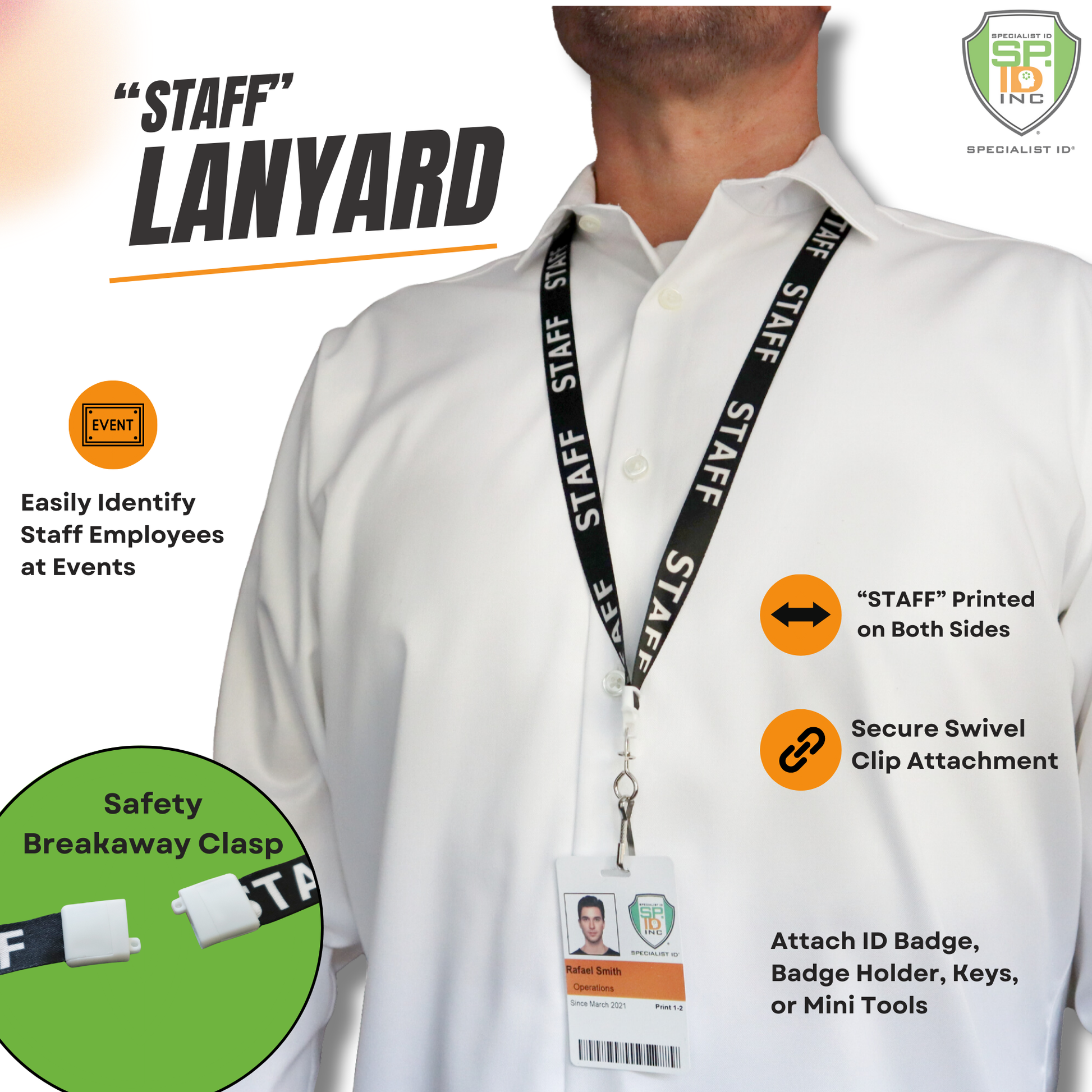 A person wearing a "STAFF" lanyard, featuring a black color and an ID card attachment, showcases its safety breakaway clasp and secure standard swivel hook, as seen in the product named STAFF Lanyard with Standard Swivel Hook 2138-5210.