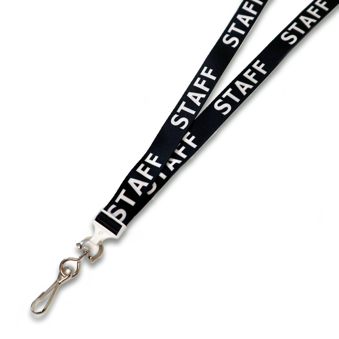 Black STAFF Lanyard with a standard swivel hook and metal clip, featuring "STAFF" printed in white.