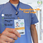 A person in scrubs holds a badge with their ID and the logo of "Breakaway Lanyard with Custom Badge Reel Combo - Add Your Logo to Customize," highlighting brand awareness, access entry points, swipe/scan readiness, and ergonomic design with custom lanyards for added convenience.