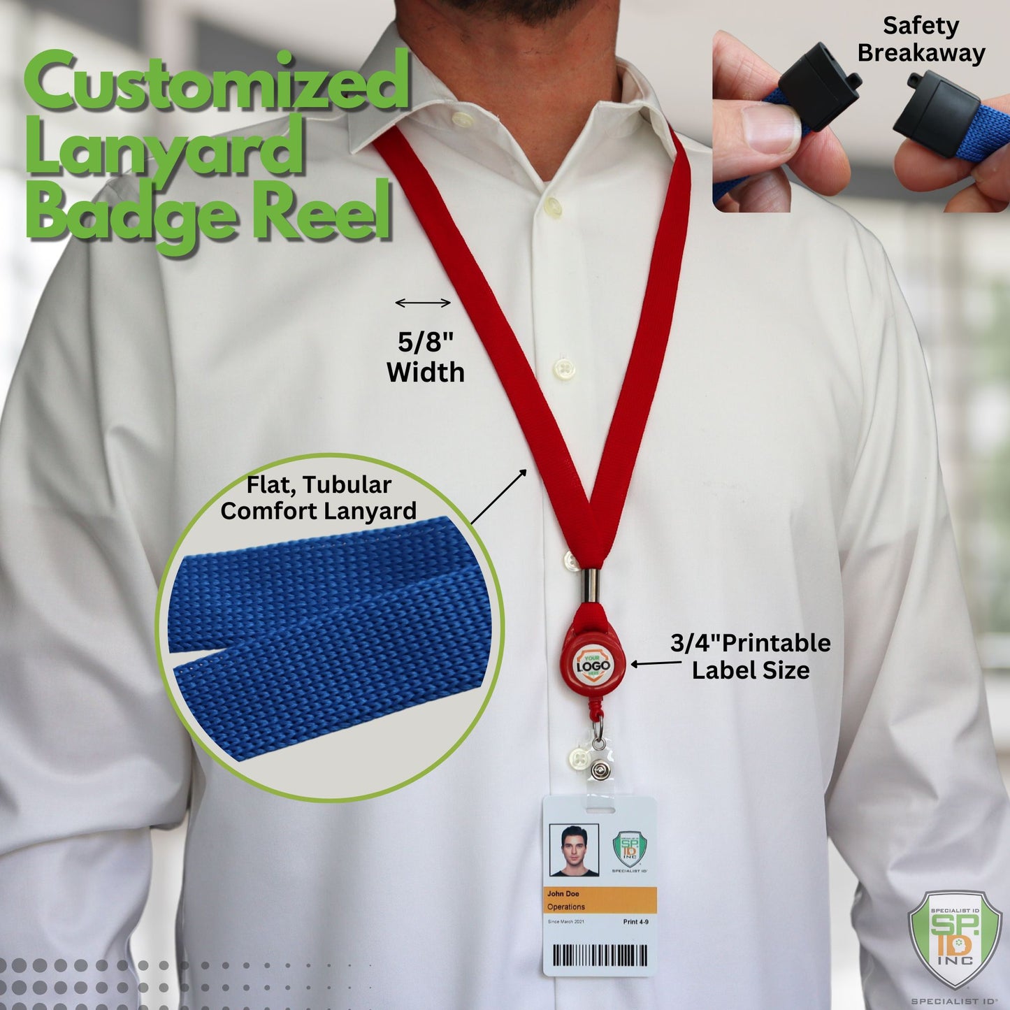 A person wearing a white shirt displays the Breakaway Lanyard with Custom Badge Reel Combo - Add Your Logo to Customize featuring a badge reel with a safety breakaway and printable label. The lanyard is 5/8" wide and has a flat, tubular design for comfort, perfect for promoting brand awareness.