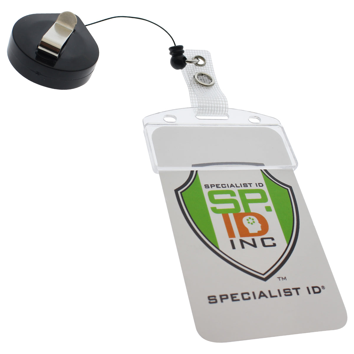 The Lock-A-Reel Self Locking PIV Card Reel includes a clear plastic ID badge holder with the Specialist ID logo. It features a retractable black reel and is equipped with a clip and button fastener for secure use.