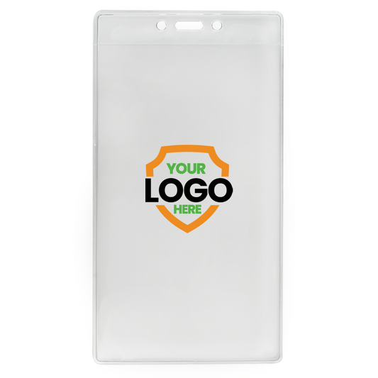 A Customizable 4 X 7 Clear Vertical Large Event Badge Holder (306-4258) with a blank space and a placeholder for a logo, displaying the text "Your Logo Here" in the center. Perfect for large event badge holders, this customizable accessory ensures your branding is always front and center.