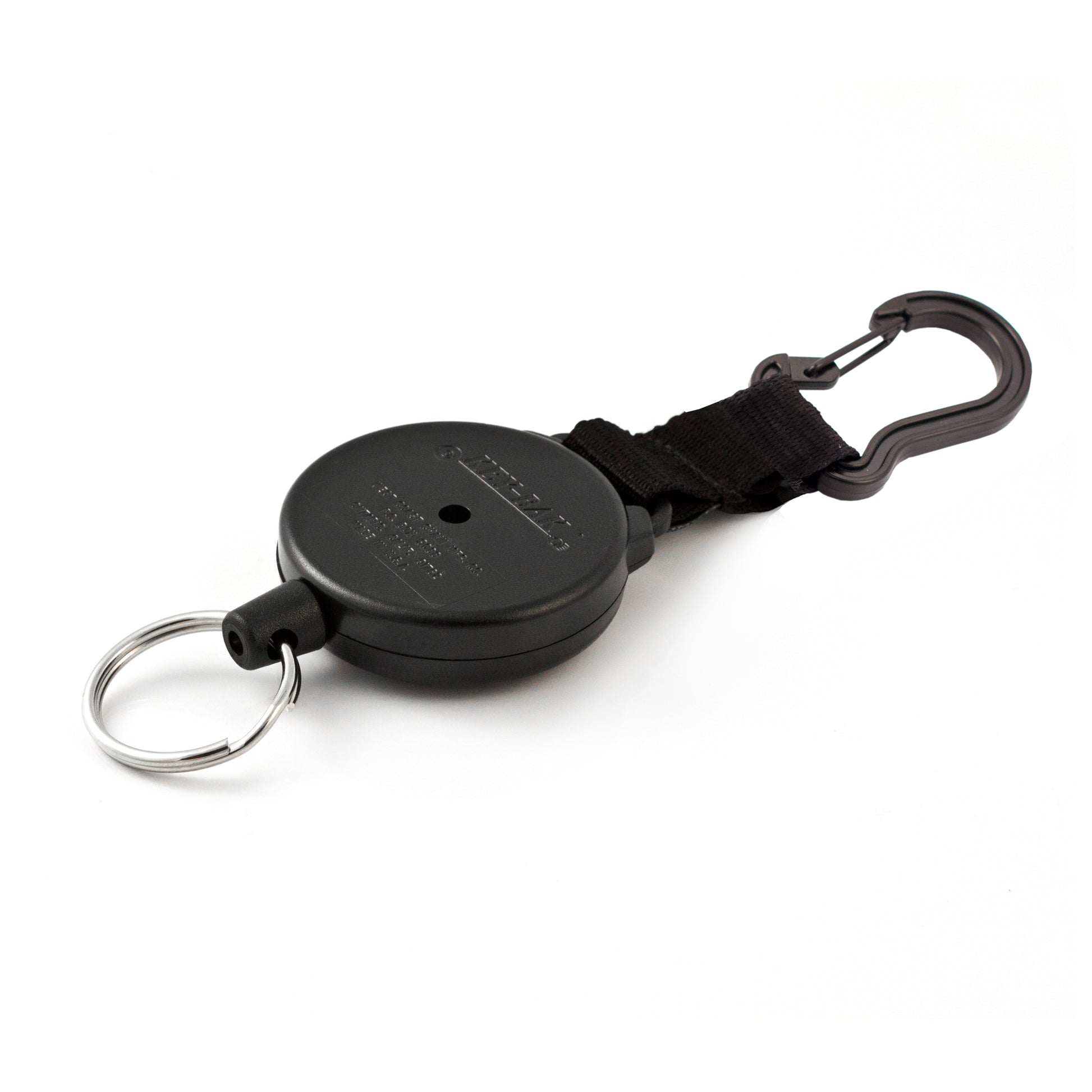 A Key-Bak Heavy Duty Badge Reel Carabiner with Key Ring and 48" Cord (488B-HDK), featuring a metal keyring and a plastic clip.