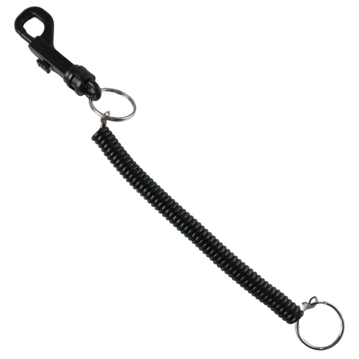 A Bungee Coil Keychain Lanyard with Black Stretchy Elastic Cord for Key or Swipe Card with a swivel trigger clasp on one end and a split ring on the other.