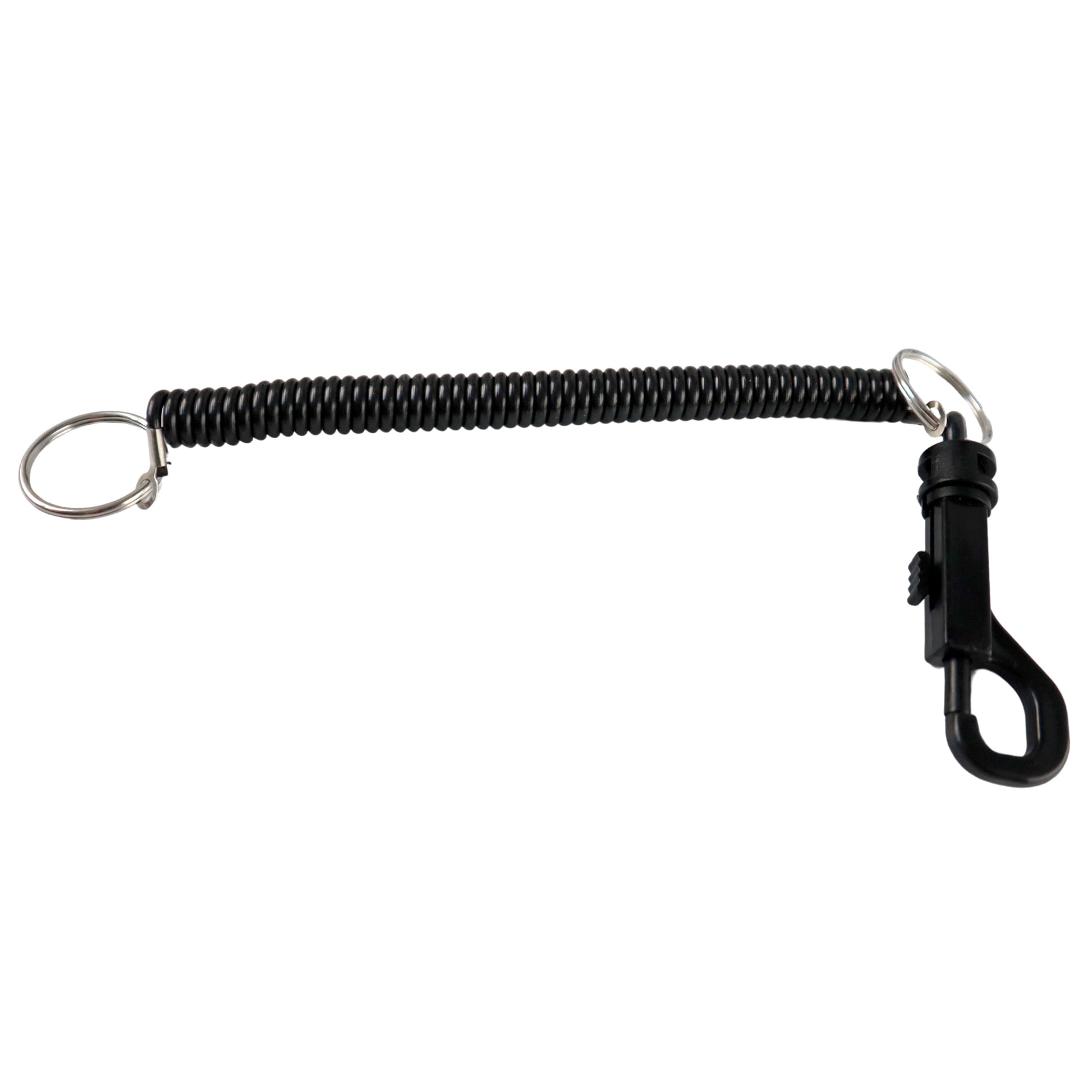 Bungee Coil Keychain Lanyard with Black Stretchy Elastic Cord for Key or Swipe Card, featuring metal rings on one end and a black plastic clip with a swivel trigger clasp on the other.