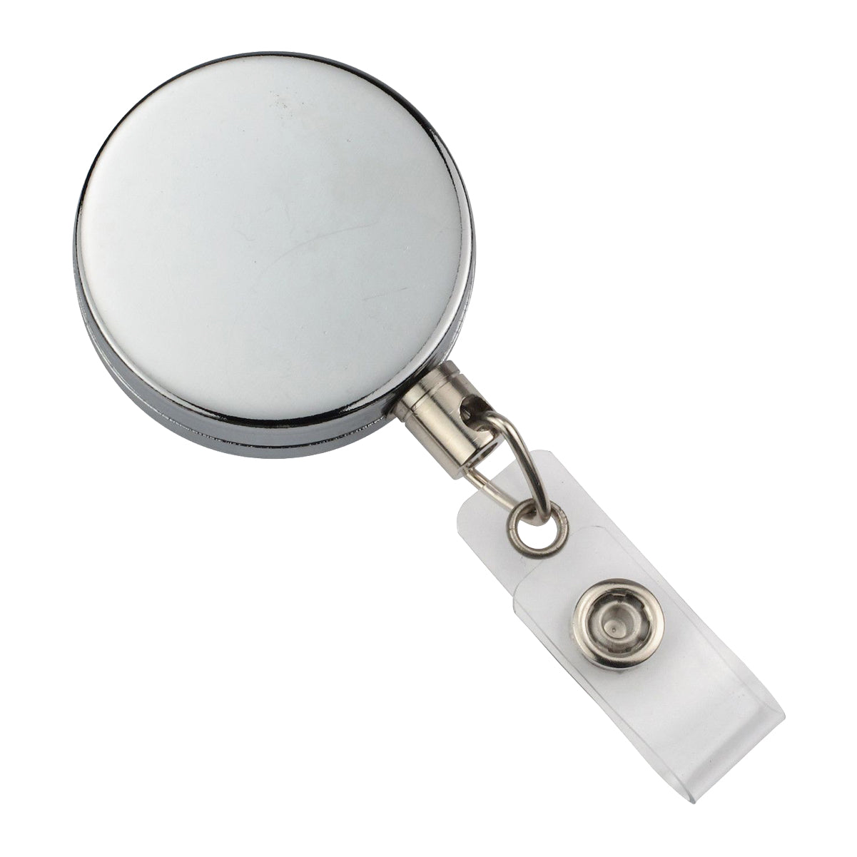 A Chrome Heavy Duty Metal Badge Reel with Belt Clip (505-HW-CRM) with durable metal construction and a clear plastic strap clip is shown against a white background.