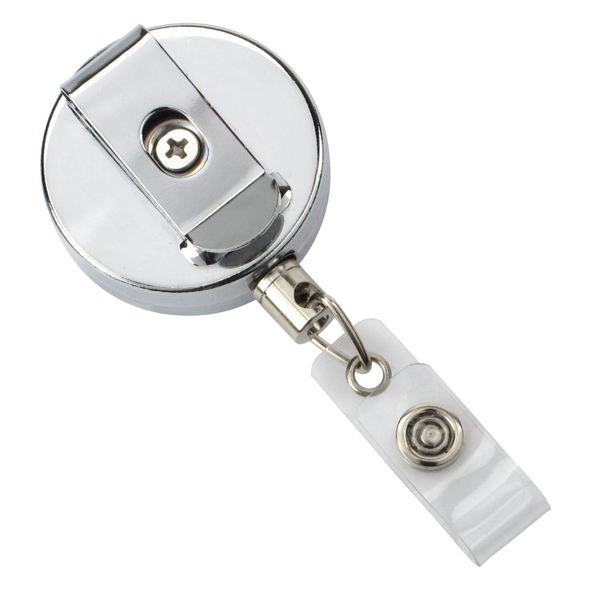 A Chrome Heavy Duty Metal Badge Reel with Belt Clip (505-HW-CRM), featuring durable metal construction for long-lasting use—perfect for your professional accessories collection.