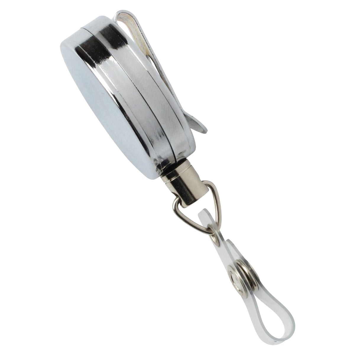 A Chrome Heavy Duty Metal Badge Reel with Belt Clip (505-HW-CRM) with durable metal construction and a clip at the end for attaching badges or keys, making it one of the essential professional accessories.