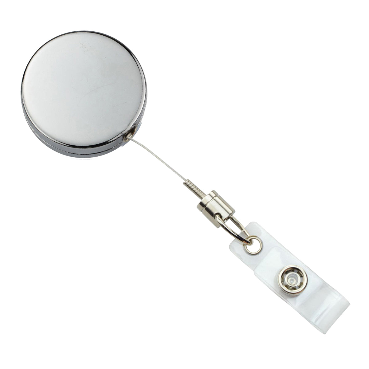 A Chrome Heavy Duty Metal Badge Reel with Belt Clip (505-HW-CRM) with a round metal casing, clear plastic strap clip, and durable metal construction. This professional accessory is both functional and stylish for daily use.