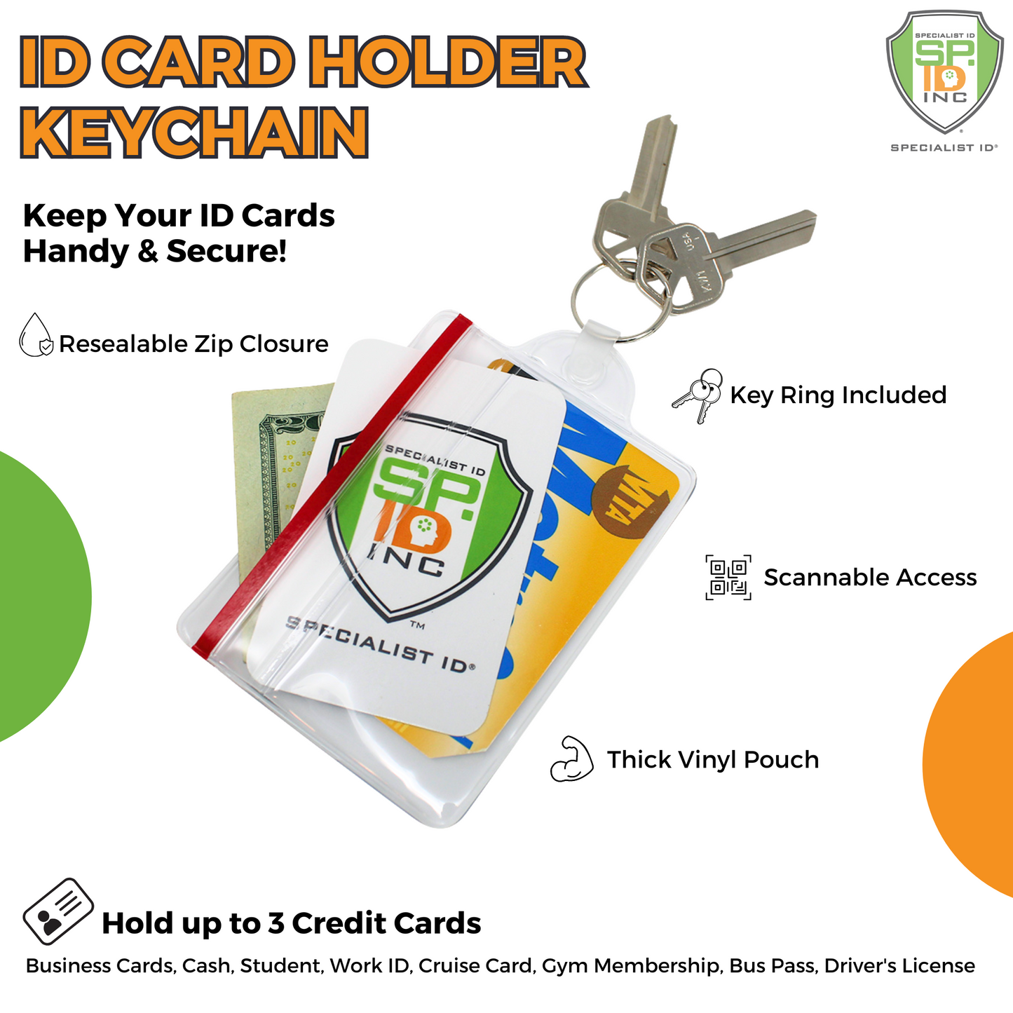 Image of the Clear Soft Horizontal Fuel Card or ID Badge Holder w/ Zipper Closure & Key Ring 506-ZHKR by Specialist ID. Features include a clear soft badge holder with a resealable zipper closure, key ring, scannable access, thick vinyl pouch, and capacity for up to 3 credit cards or similar items.